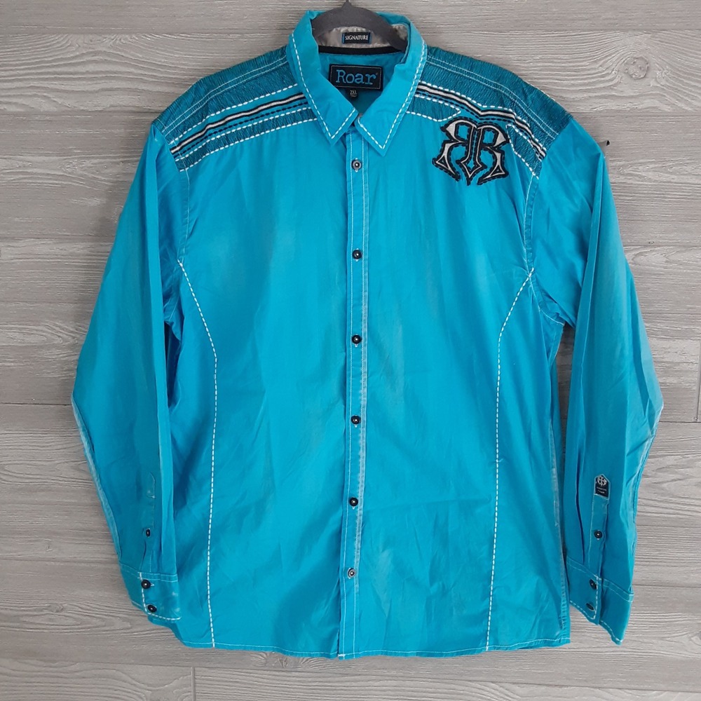 Roar Signature Mens 2XL Turquoise Blue Embroidered Button Down Shirt Western Y2K